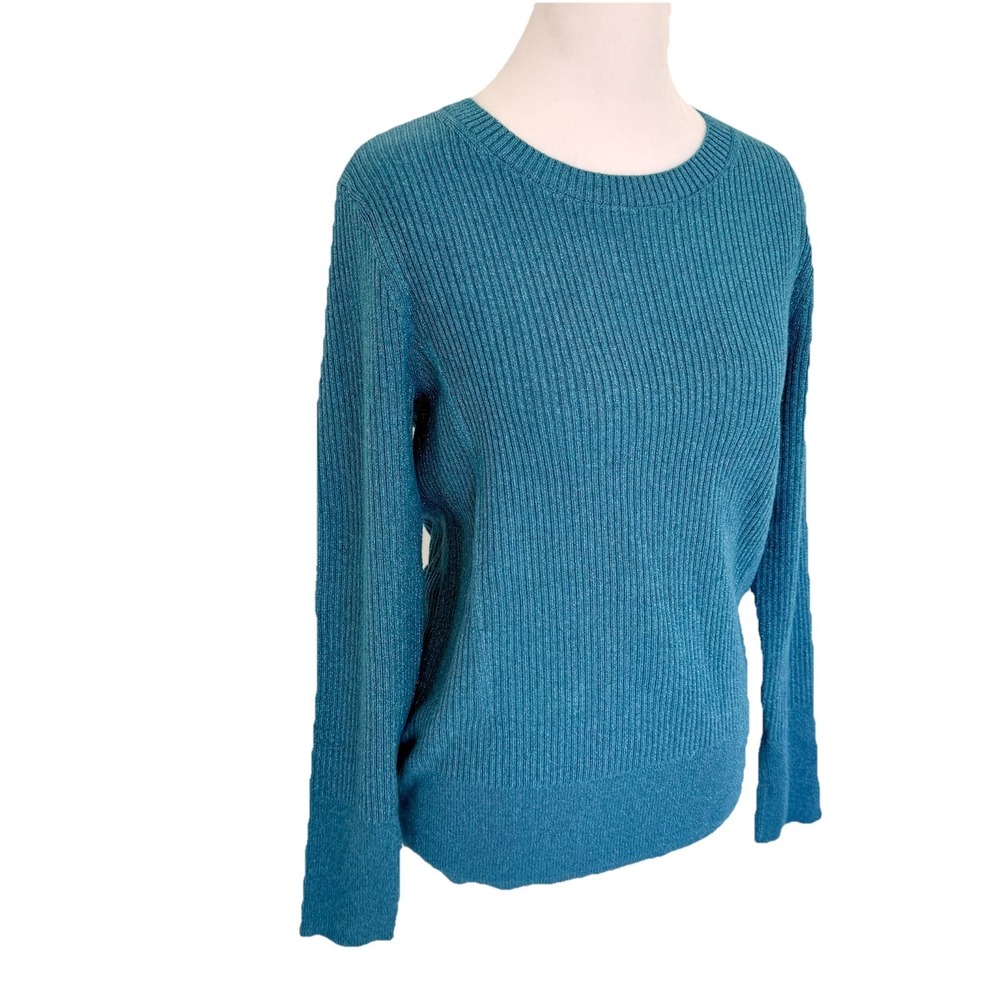 Talbots RIBBED CREWNECK SWEATER - METALLIC Teal Blue Sparkle Size M Stretch